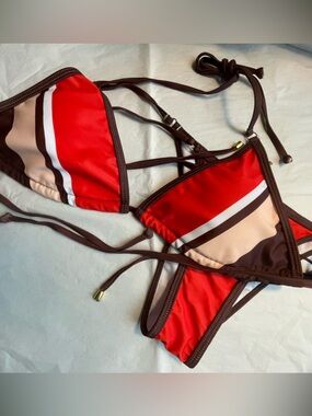 Red and Brown Striped Triangle Bikini Set